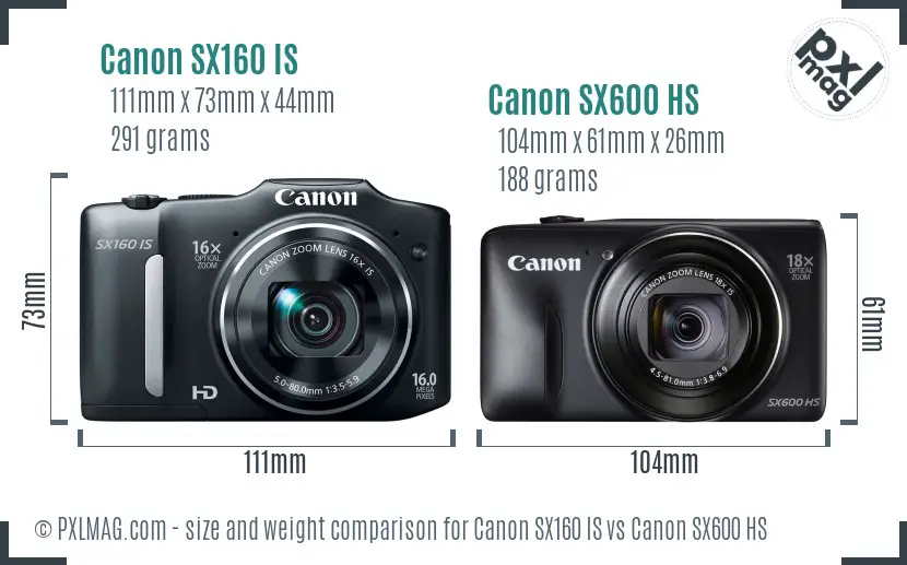 Canon SX160 IS vs Canon SX600 HS size comparison