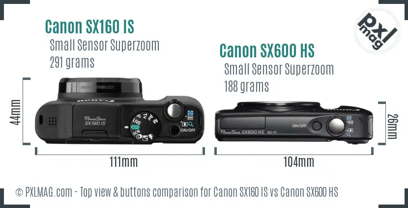 Canon SX160 IS vs Canon SX600 HS top view buttons comparison