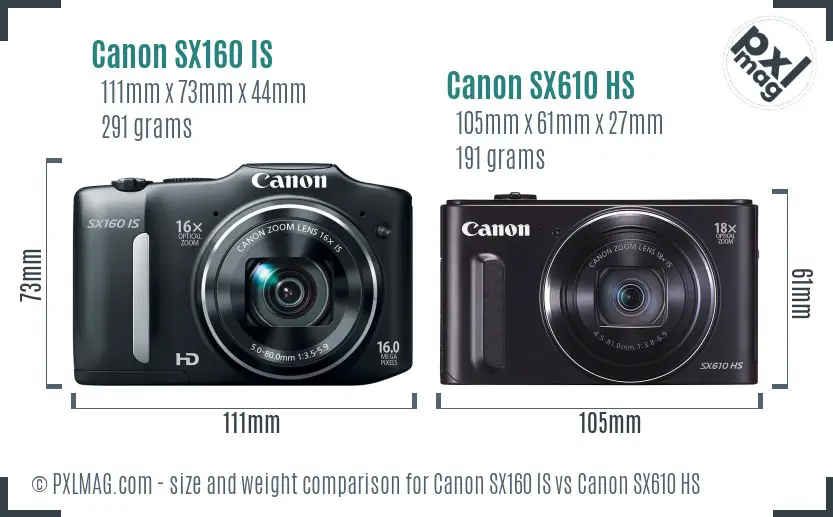Canon SX160 IS vs Canon SX610 HS size comparison