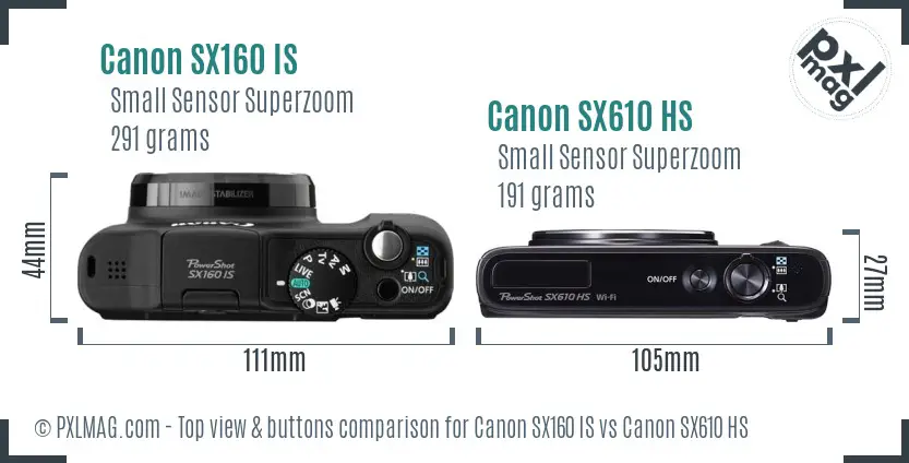 Canon SX160 IS vs Canon SX610 HS top view buttons comparison