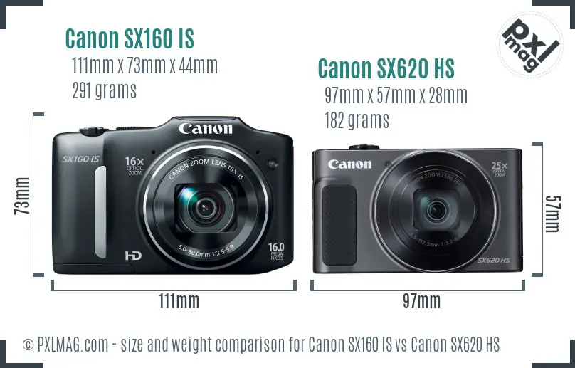 Canon SX160 IS vs Canon SX620 HS size comparison