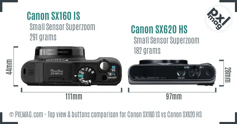 Canon SX160 IS vs Canon SX620 HS top view buttons comparison