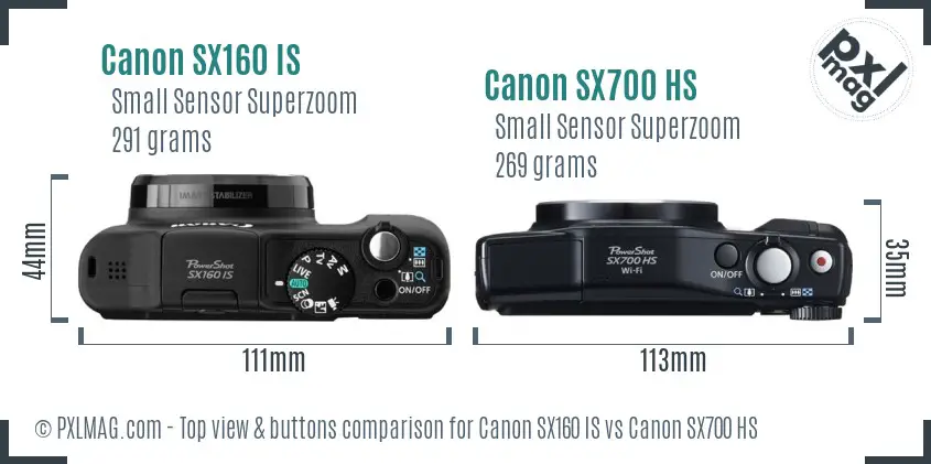 Canon SX160 IS vs Canon SX700 HS top view buttons comparison