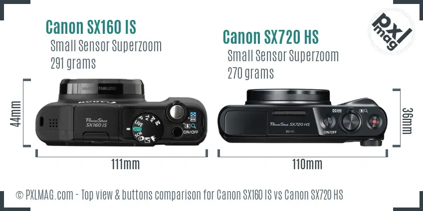 Canon SX160 IS vs Canon SX720 HS top view buttons comparison