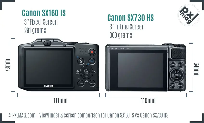 Canon SX160 IS vs Canon SX730 HS Screen and Viewfinder comparison