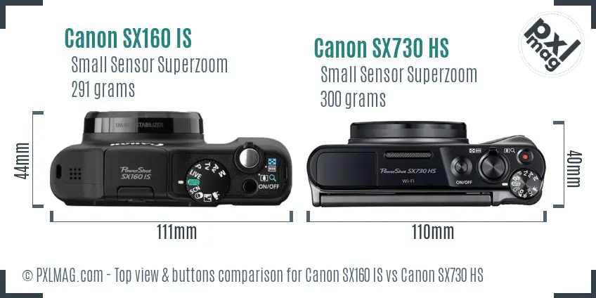 Canon SX160 IS vs Canon SX730 HS top view buttons comparison
