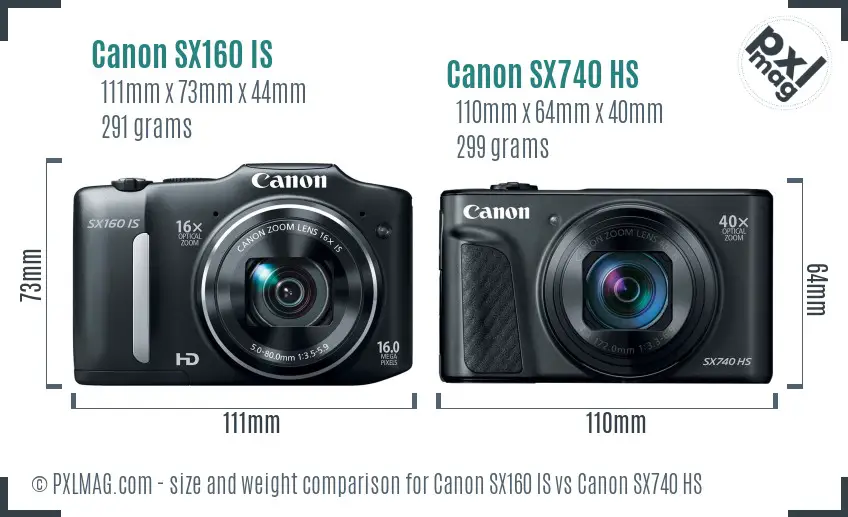 Canon SX160 IS vs Canon SX740 HS size comparison