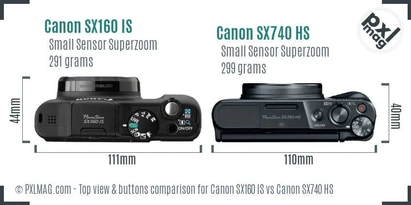 Canon SX160 IS vs Canon SX740 HS top view buttons comparison