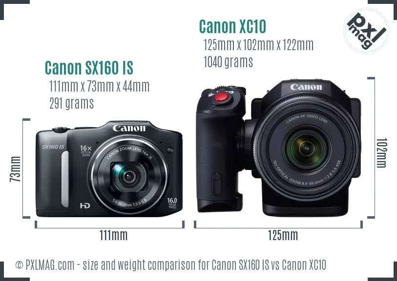 Canon SX160 IS vs Canon XC10 size comparison