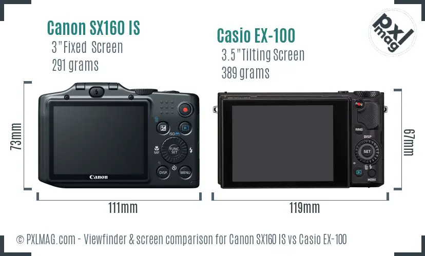 Canon SX160 IS vs Casio EX-100 Screen and Viewfinder comparison