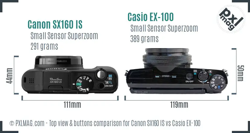 Canon SX160 IS vs Casio EX-100 top view buttons comparison