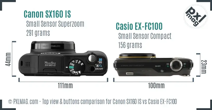 Canon SX160 IS vs Casio EX-FC100 top view buttons comparison Canon SX160 IS vs Casio EX-FC100 top view buttons comparison