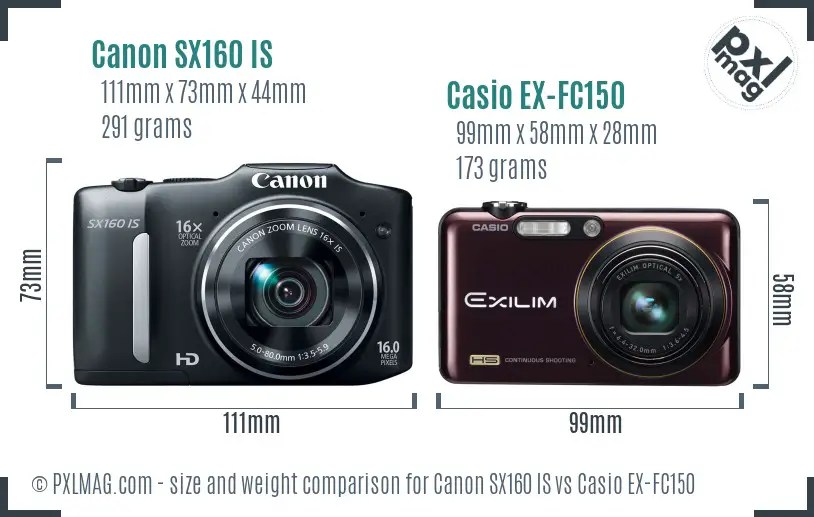 Canon SX160 IS vs Casio EX-FC150 size comparison