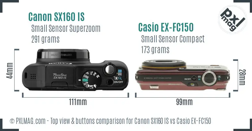 Canon SX160 IS vs Casio EX-FC150 top view buttons comparison