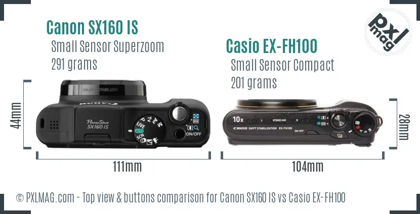 Canon SX160 IS vs Casio EX-FH100 top view buttons comparison