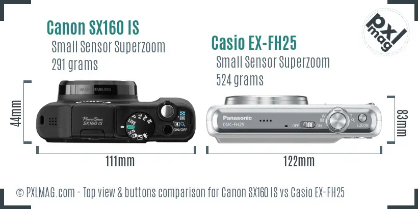 Canon SX160 IS vs Casio EX-FH25 top view buttons comparison Canon SX160 IS vs Casio EX-FH25 top view buttons comparison