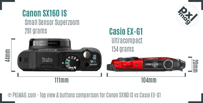 Canon SX160 IS vs Casio EX-G1 top view buttons comparison