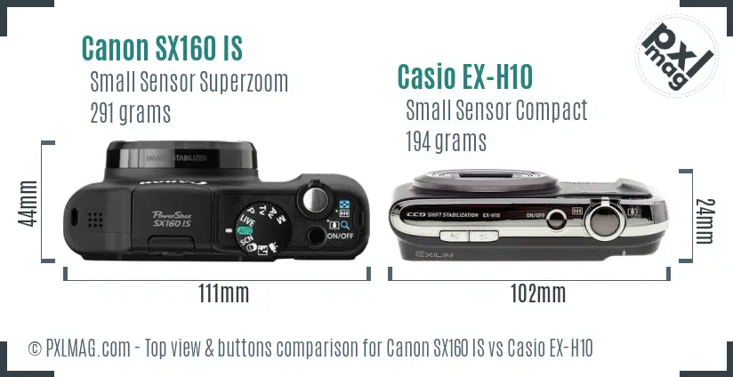 Canon SX160 IS vs Casio EX-H10 top view buttons comparison