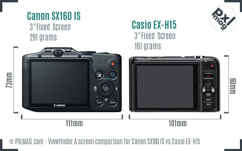 Canon SX160 IS vs Casio EX-H15 Screen and Viewfinder comparison