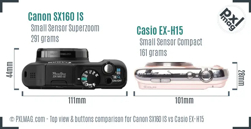 Canon SX160 IS vs Casio EX-H15 top view buttons comparison