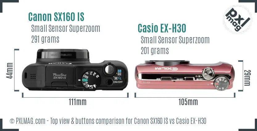 Canon SX160 IS vs Casio EX-H30 top view buttons comparison