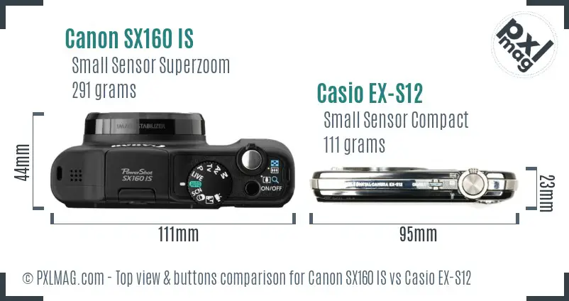 Canon SX160 IS vs Casio EX-S12 top view buttons comparison