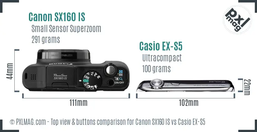 Canon SX160 IS vs Casio EX-S5 top view buttons comparison Canon SX160 IS vs Casio EX-S5 top view buttons comparison