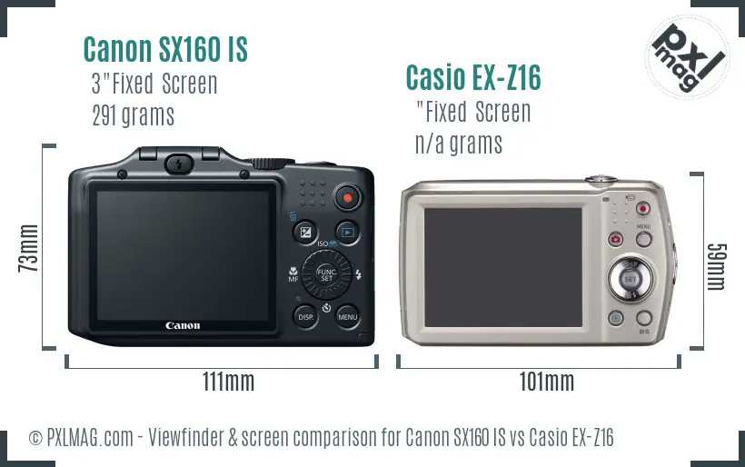 Canon SX160 IS vs Casio EX-Z16 Screen and Viewfinder comparison