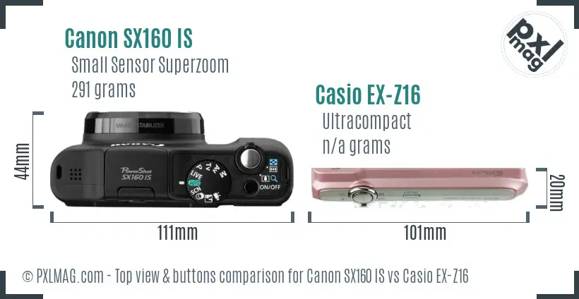 Canon SX160 IS vs Casio EX-Z16 top view buttons comparison
