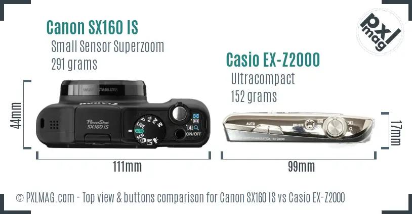 Canon SX160 IS vs Casio EX-Z2000 top view buttons comparison