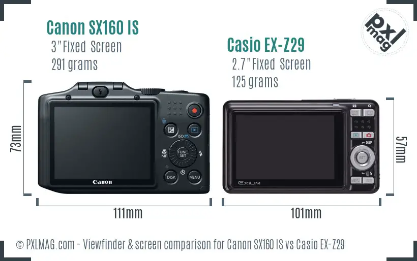 Canon SX160 IS vs Casio EX-Z29 Screen and Viewfinder comparison