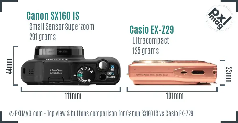 Canon SX160 IS vs Casio EX-Z29 top view buttons comparison