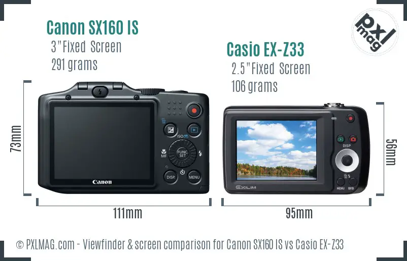Canon SX160 IS vs Casio EX-Z33 Screen and Viewfinder comparison