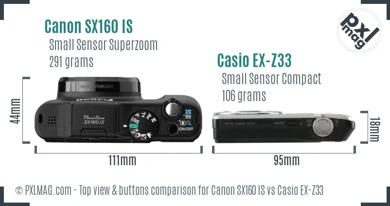 Canon SX160 IS vs Casio EX-Z33 top view buttons comparison
