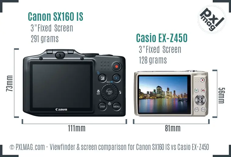 Canon SX160 IS vs Casio EX-Z450 Screen and Viewfinder comparison