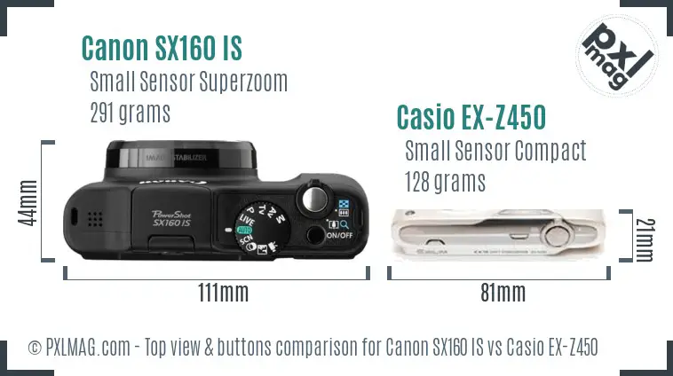 Canon SX160 IS vs Casio EX-Z450 top view buttons comparison