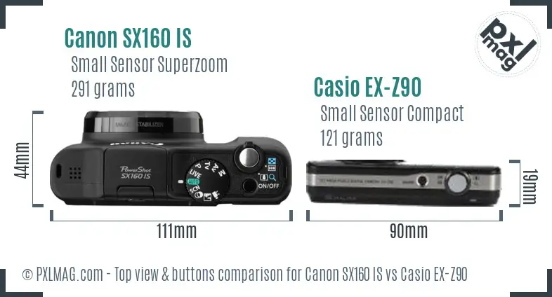 Canon SX160 IS vs Casio EX-Z90 top view buttons comparison Canon SX160 IS vs Casio EX-Z90 top view buttons comparison