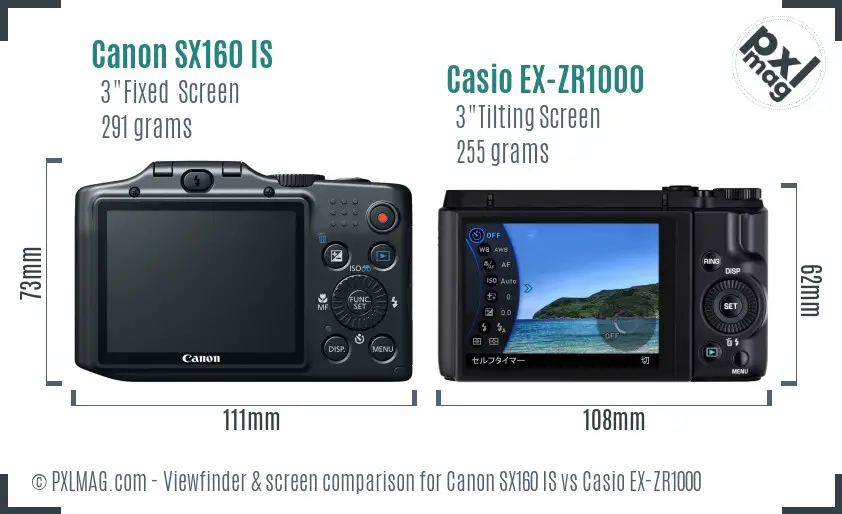 Canon SX160 IS vs Casio EX-ZR1000 Screen and Viewfinder comparison