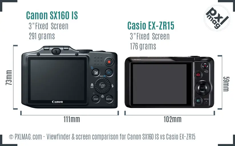 Canon SX160 IS vs Casio EX-ZR15 Screen and Viewfinder comparison
