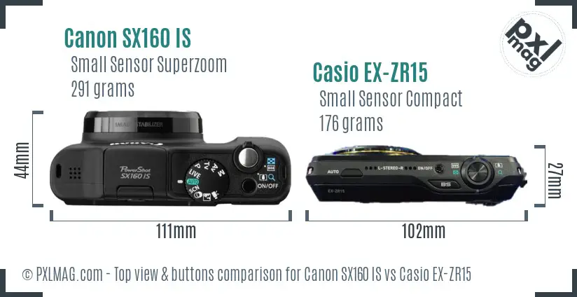 Canon SX160 IS vs Casio EX-ZR15 top view buttons comparison