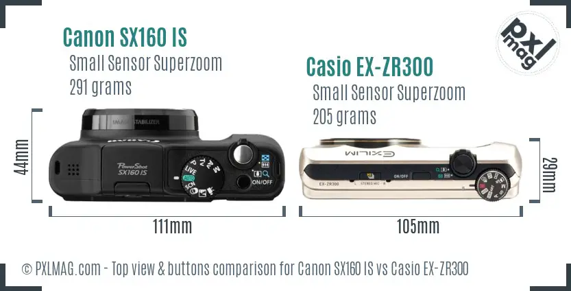 Canon SX160 IS vs Casio EX-ZR300 top view buttons comparison