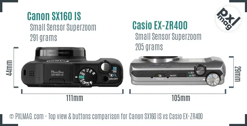 Canon SX160 IS vs Casio EX-ZR400 top view buttons comparison