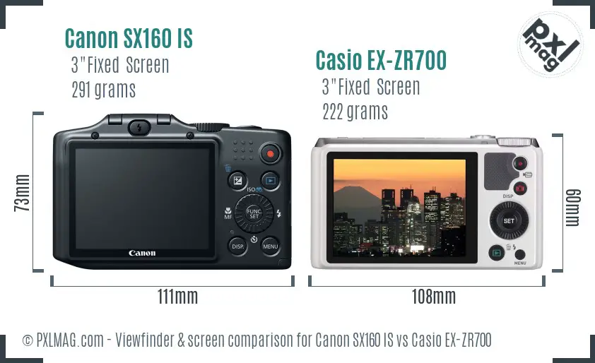 Canon SX160 IS vs Casio EX-ZR700 Screen and Viewfinder comparison