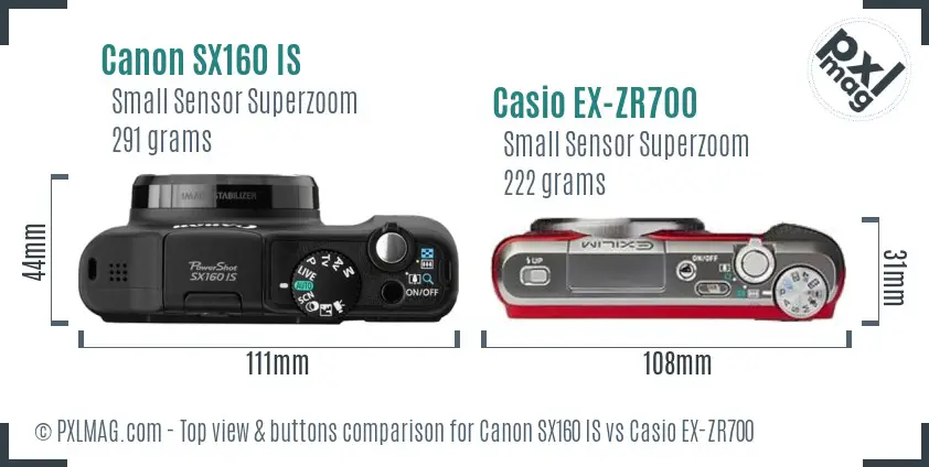 Canon SX160 IS vs Casio EX-ZR700 top view buttons comparison