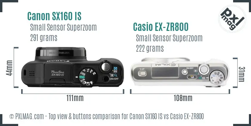 Canon SX160 IS vs Casio EX-ZR800 top view buttons comparison