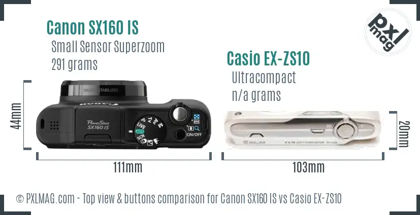 Canon SX160 IS vs Casio EX-ZS10 top view buttons comparison