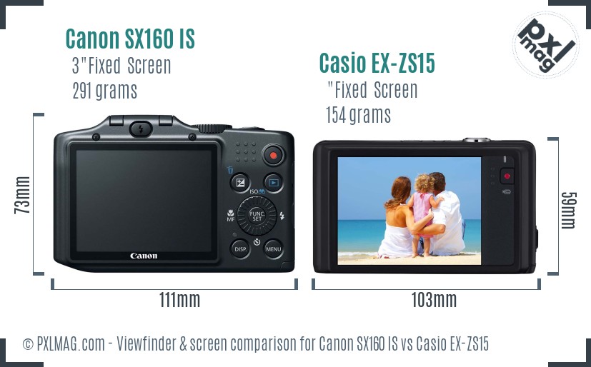 Canon SX160 IS vs Casio EX-ZS15 Screen and Viewfinder comparison