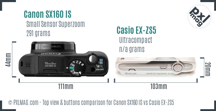 Canon SX160 IS vs Casio EX-ZS5 top view buttons comparison