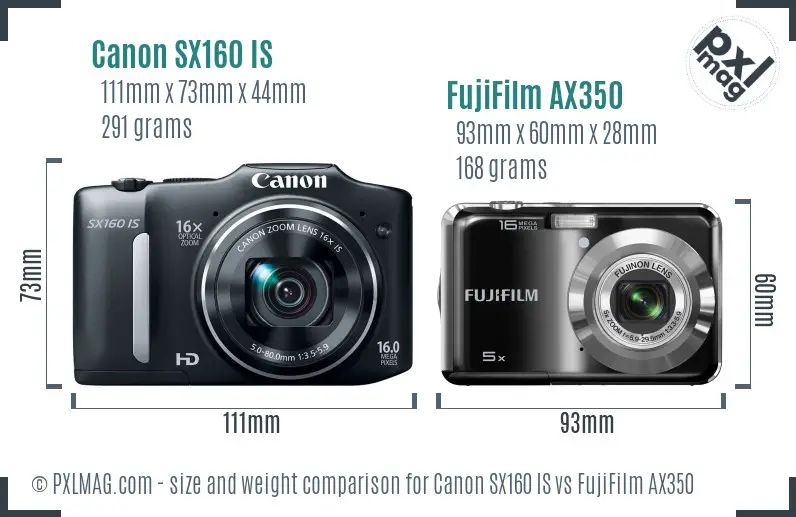 Canon SX160 IS vs FujiFilm AX350 size comparison