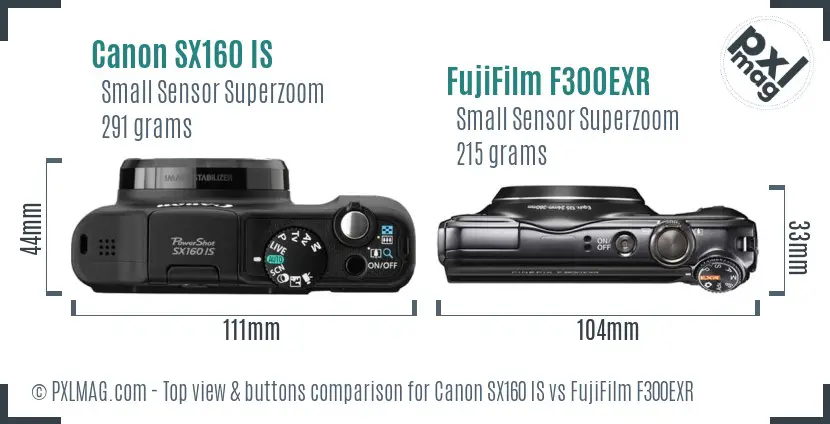 Canon SX160 IS vs FujiFilm F300EXR top view buttons comparison